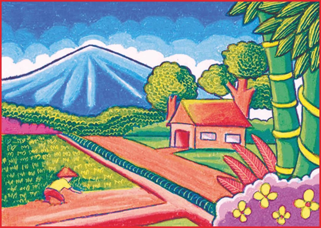 gambar pemandangan gunung dan petani desa